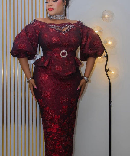 Purple Off-The-Shoulder Embellished Peplum 2-Piece Skirt Set  - Wedding Party Guest Birthday Cocktail Reception Formal Evening Outfit