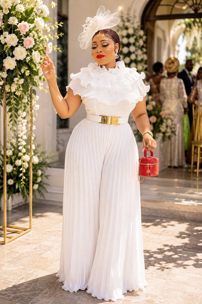 Dramatic Orange Ruffle Pleated Palazzo Jumpsuit for Birthday Dinner Church Wedding Guest Cocktail Reception Party Outfit