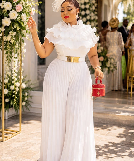 Dramatic White Ruffle Pleated Palazzo Jumpsuit for Formal Events Church Wedding Guest Cocktail Reception Party Outfit