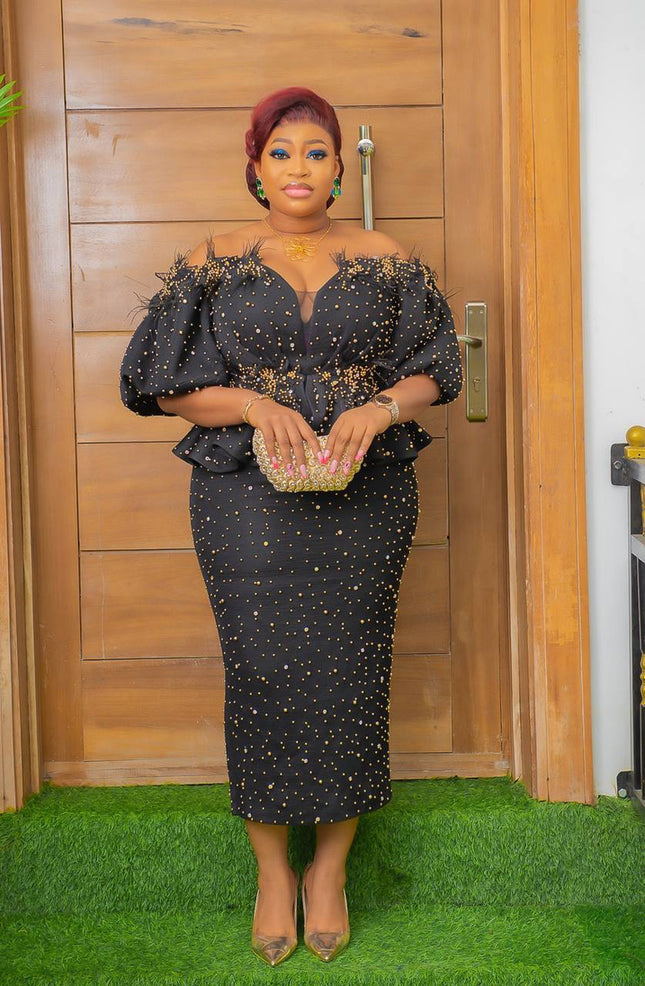 Off-Shoulder Embellished Peplum Feathered Dress: Wedding Guest Mother of The Bride Birthday Cocktail Party