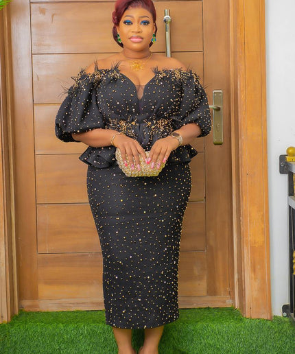 Off-Shoulder Embellished Peplum Feathered Dress: Wedding Guest Mother of The Bride Birthday Cocktail Party