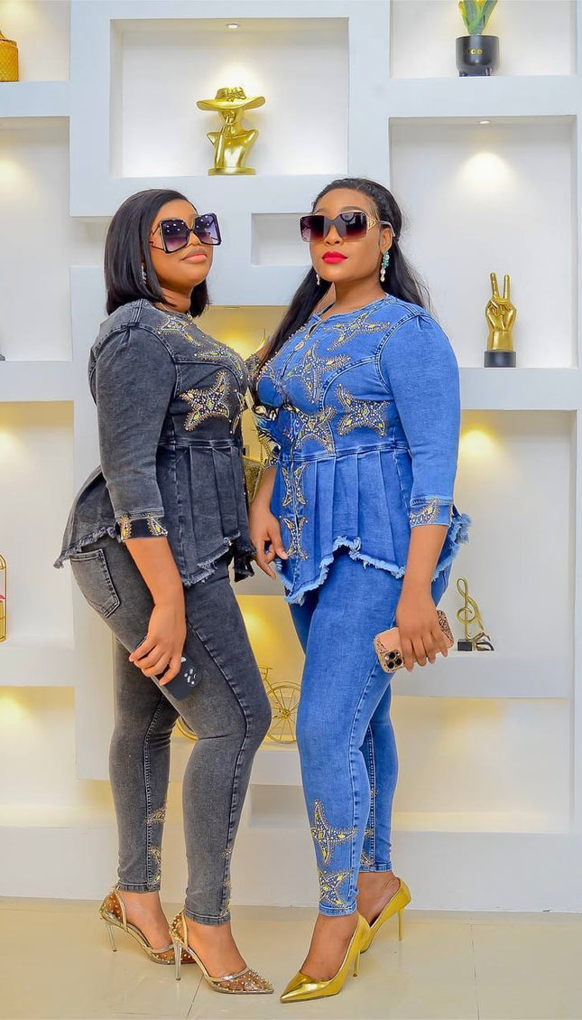 Blue Denim & Diamonds Birthday Party Outfit, Rhinestone Peplum Top & Pants 2-Piece Set Curvy Stretch Jeans