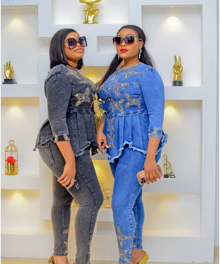 Denim & Diamonds Birthday Party Outfit, Rhinestone Peplum Top & Pants Matching 2-Piece Curvy Jeans Set