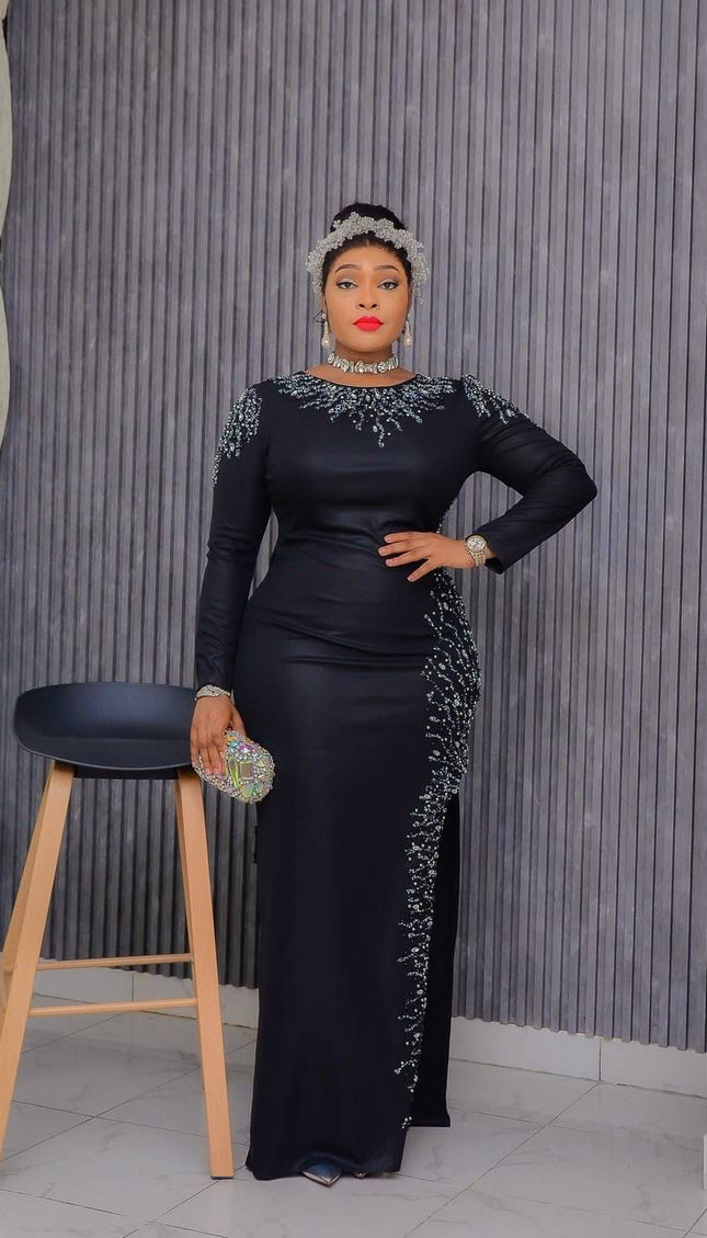 Metallic Embellished Side Slit Maxi Dress | Wedding Guest Birthday Party