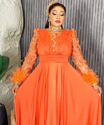 Sequin Feather Detail Sleeve Evening Gown