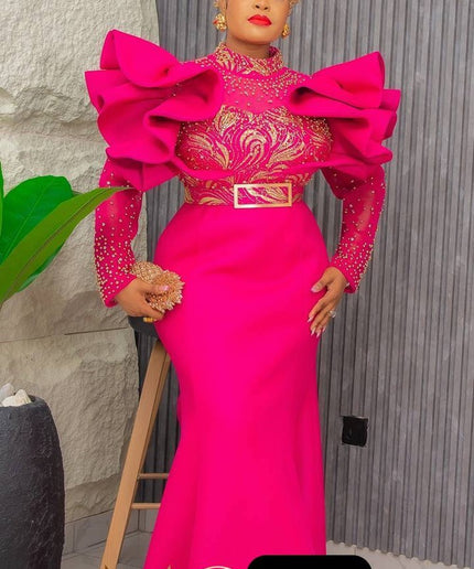 Dramatic Sleeve Embellished Evening Gown| Wedding Guest Bridal Mother of The Bride Birthday Party