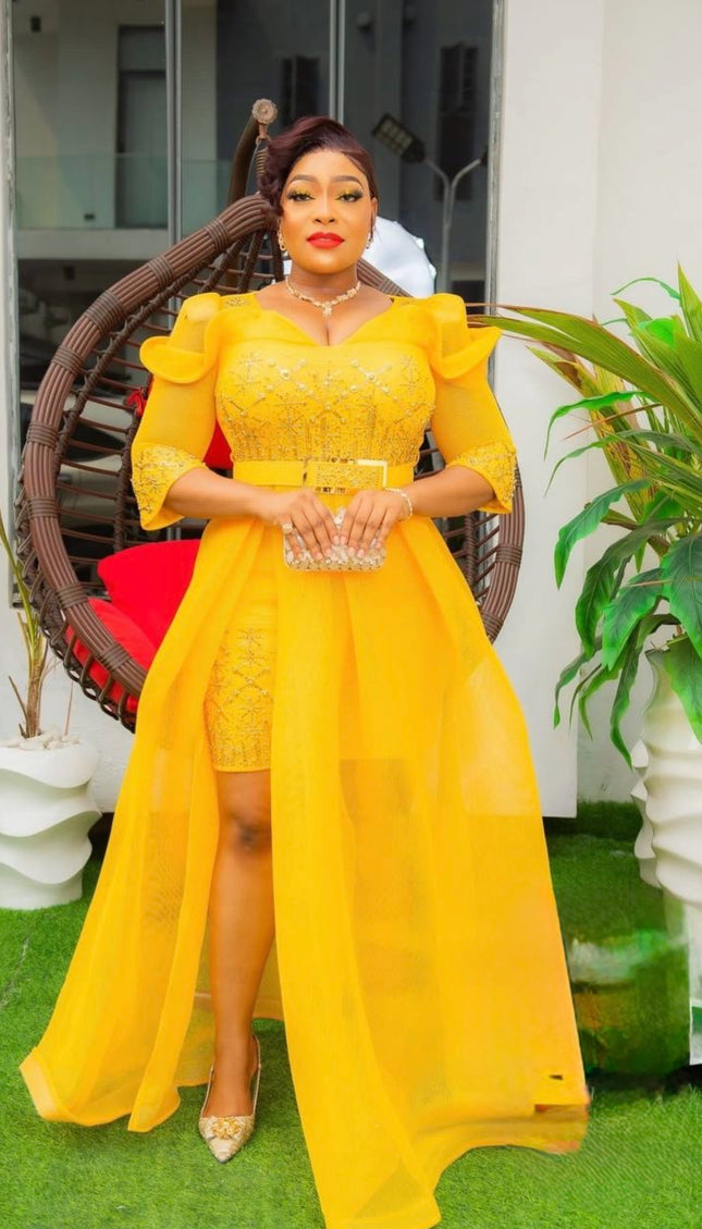 Yellow Embellished Draped Ruffle Sleeve Gown