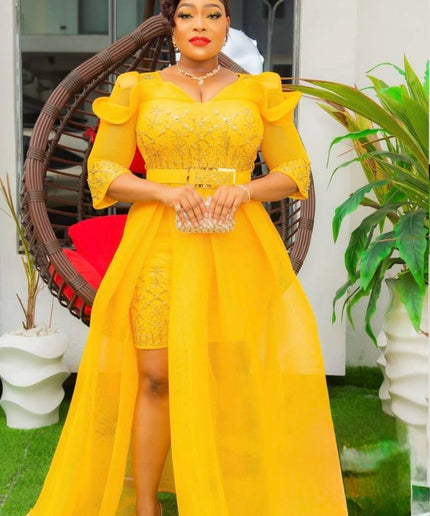 Yellow Embellished Draped Ruffle Sleeve Gown