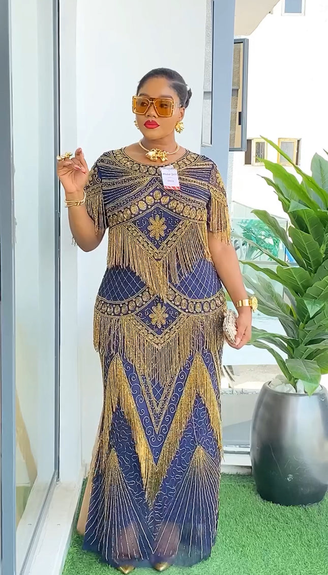 Beaded Embroidery Fringe Maxi Dress