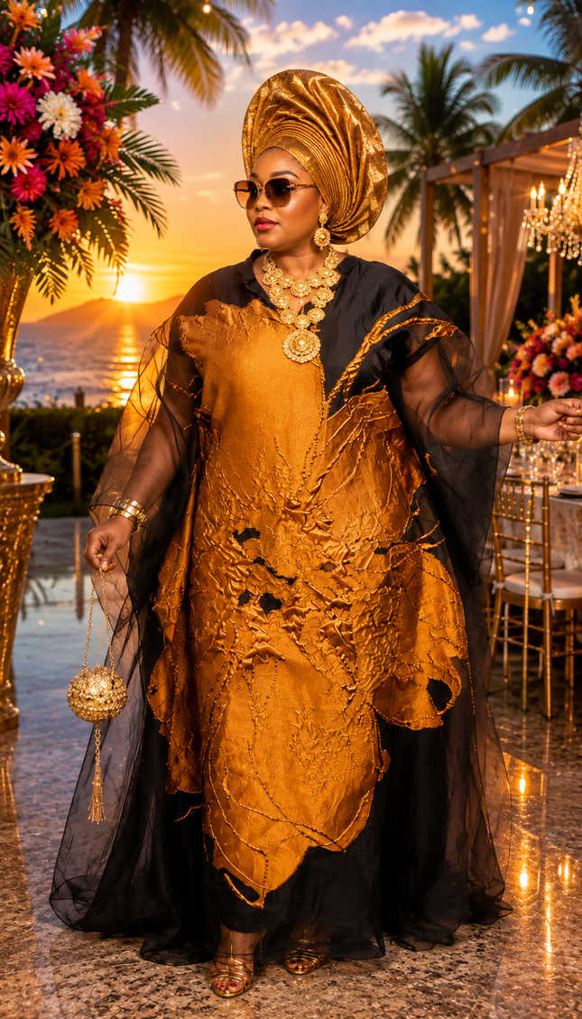 "Best-Dressed" Gold Brocade Floral Kaftan Maxi Dress for African Wedding Guest Attire Mother of The Bride Cocktail Party