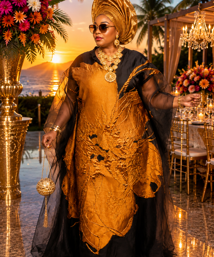 "Best-Dressed" Gold Brocade Floral Kaftan Maxi Dress for African Wedding Guest Attire Mother of The Bride Cocktail Party