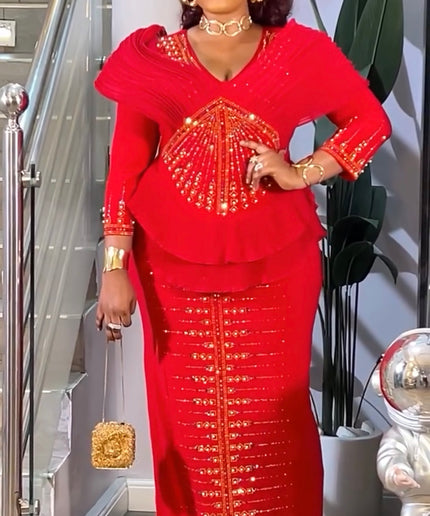 Red Embellished Ruffle Peplum Rhinestone Maxi Dress for Wedding Guest Birthday Party Cocktail Dinner Mother of The Bride