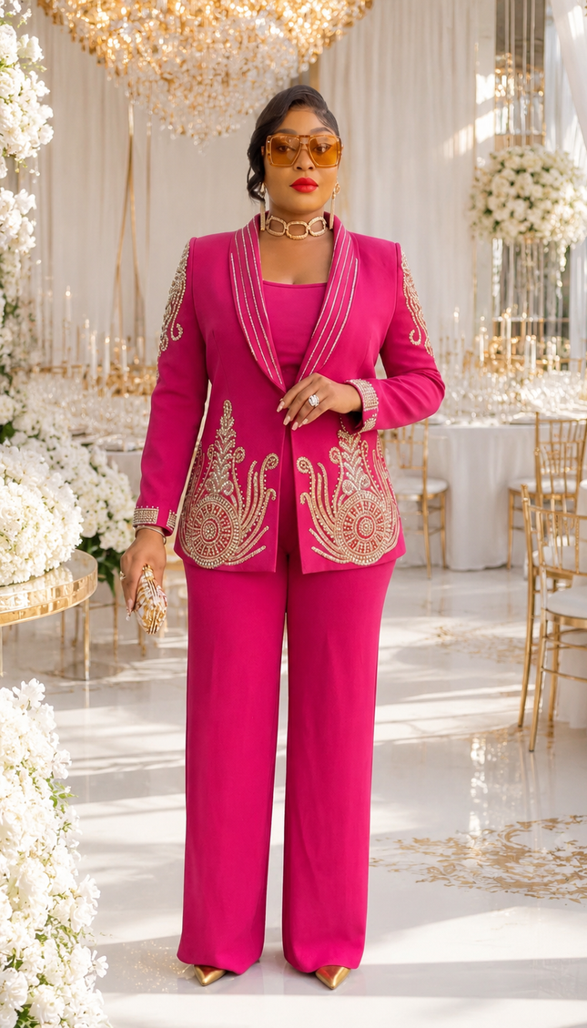 Luxury White Embellished Pant 2-Piece Suit Set Rhinestone Blazer & Wide Leg Trousers Wedding Guest Mother of the Bride Church Anniversary Graduation Special Occasion Outfit