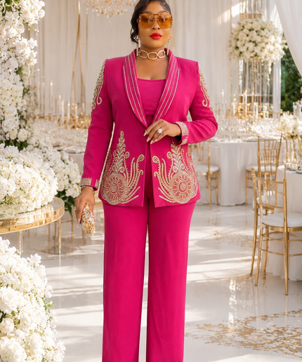 Luxury White Embellished Pant 2-Piece Suit Set Rhinestone Blazer & Wide Leg Trousers Wedding Guest Mother of the Bride Church Anniversary Graduation Special Occasion Outfit