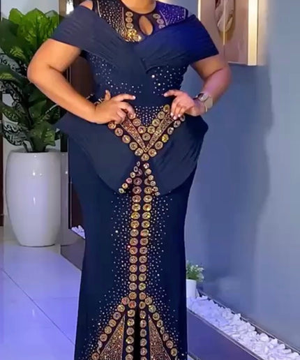 Dramatic Shoulder Embellished Peplum Maxi Dress: Wedding Guest Attire Mother of The Bride Graduation Party