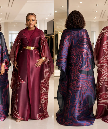 Elegant Burgundy Brocade Kaftan 3-Piece Outfit