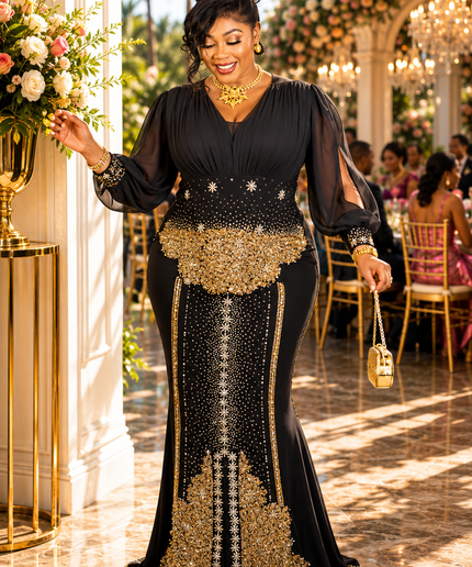 "RSVP Ready" Brown Rhinestone Split Sleeve Maxi Dress for Wedding Guest Cocktail Party Formal Evening Gown Plus Size