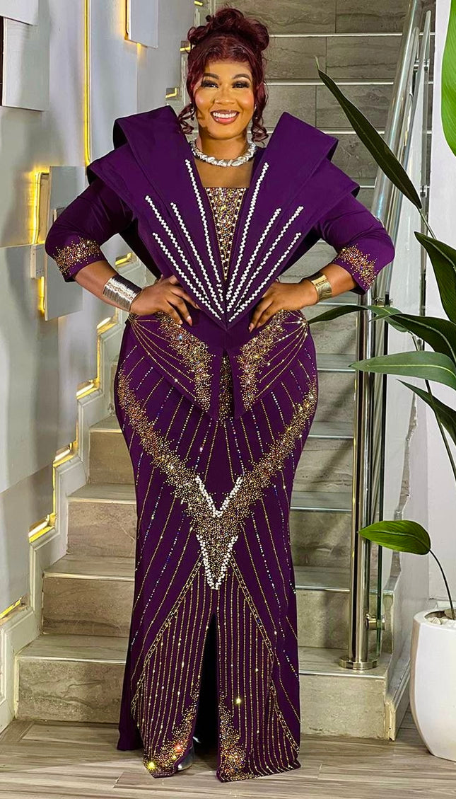 Glamorous Purple Embellished Structured Shoulder Maxi Dress for Party Wedding Guest Cocktail Birthday Photoshoot Church Gala Anniversary Mother of The Bride Outfit