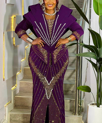 Glamorous Purple Embellished Structured Shoulder Maxi Dress for Party Wedding Guest Cocktail Birthday Photoshoot Church Gala Anniversary Mother of The Bride Outfit