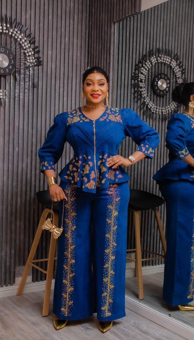 Denim and Diamonds 2 Piece Jeans Matching Peplum Top + Wide Pants Birthday Outfit Curvy Plus Size Party Wear