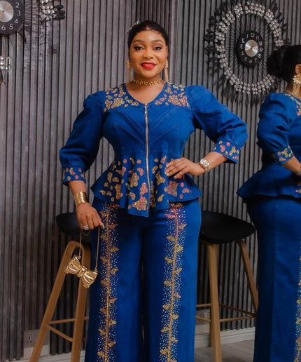Denim and Diamonds 2 Piece Jeans Matching Peplum Top + Wide Pants Birthday Outfit Curvy Plus Size Party Wear