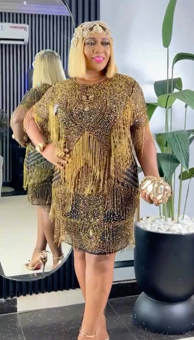 Shimmering Crystal Fringe Embellished Midi Dress | Cocktail Party Gatsby Fashion Wedding Guest
