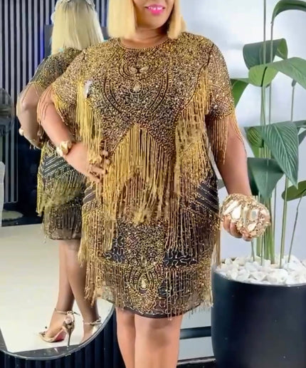 Shimmering Crystal Fringe Embellished Midi Dress | Cocktail Party Gatsby Fashion Wedding Guest