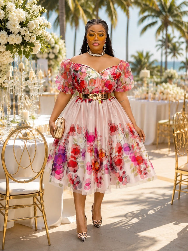 Dramatic Off-The-Shoulder Pink Floral Twirl Skater Midi Dress for Wedding Guest Cocktail Tea Party Birthday Photoshoot Outfit