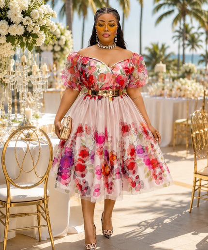 Dramatic Off-The-Shoulder Pink Floral Twirl Skater Midi Dress for Wedding Guest Cocktail Tea Party Birthday Photoshoot Outfit