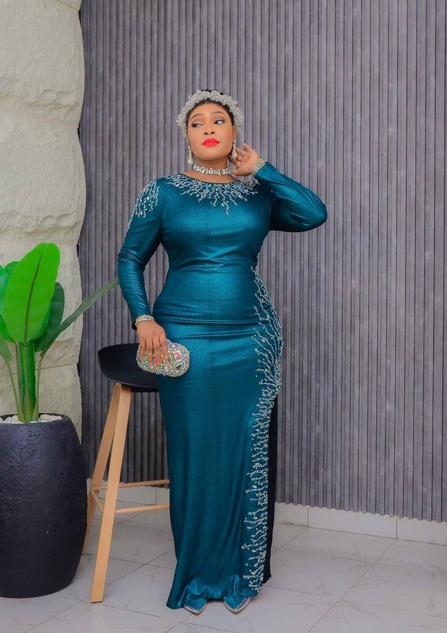 Metallic Embellished Side Slit Maxi Dress | Wedding Guest Birthday Party