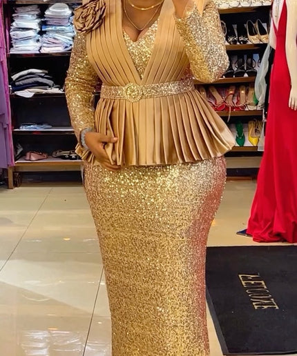 Sequin Pleated Peplum Maxi Dress | Women's Plus Size Evening Wear Wedding Guest Party Birthday