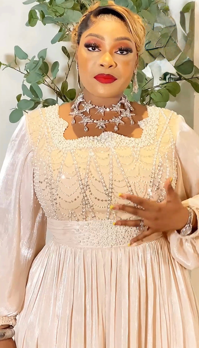 Gold Embellished Long Sleeve Maxi Dress for Mother of The Bride Wedding Guest Engagement Anniversary