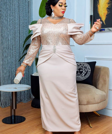 Sequin Pointed Shoulder Maxi Dress | Evening Wear Birthday Party Anniversary Wedding Guest