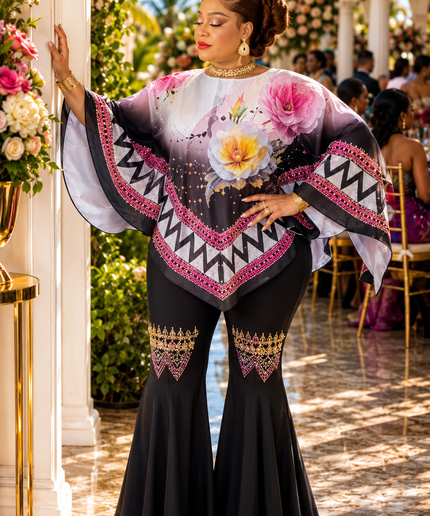 Dressed in Pink Floral Rhinestone Kaftan Top & Black Bell Bottom Pants Curvy Two-Piece Set Birthday Dinner Cocktail Reception Wedding Guest Party Outfit