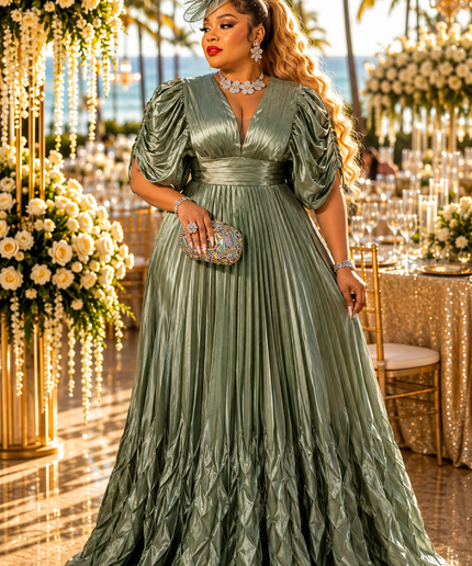 Dramatic Black Embellished Ruffle Draped Sleeve Pleated Maxi Dress for Birthday Celebrant Cocktail Reception Mother of The Bride Wedding Guest
