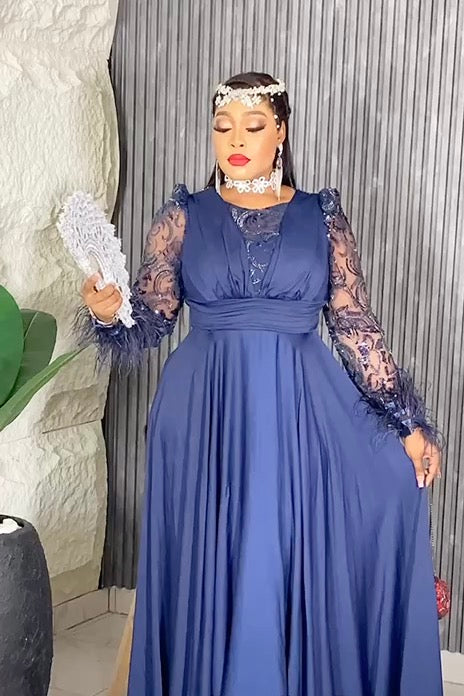 Sequin Feather Detail Sleeve Evening Gown