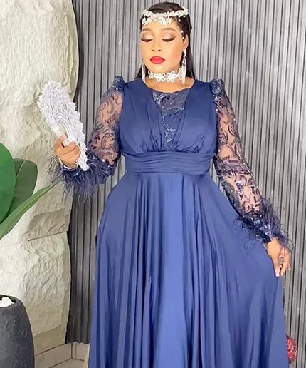 Sequin Feather Detail Sleeve Evening Gown