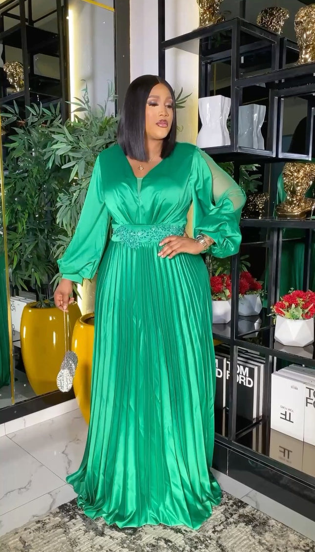 Pleated Slit Sleeves Rhinestone Maxi Dress