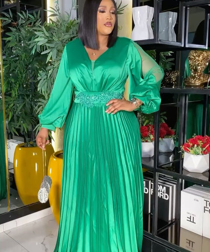 Pleated Slit Sleeves Rhinestone Maxi Dress