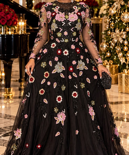 "Holiday Party Fashion" Red Hand-Stitched Floral Sequins, Crystals & Beaded Embellishments A-Line Gown for Bridal Evening Reception Dress
