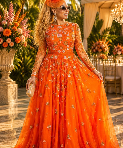 "They Won't Forget You" Orange Hand-Embellished Beaded Floral Sequins A-Line Gown for Bridal Reception Attire Wedding Guest Mother of The Bride Celebrant Birthday Party Formal Evening Dress Plus Size
