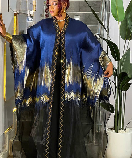 Classy Blue Brocade Rhinestone Kaftan Dress, African Bubu Wedding Attire Engagement Ceremony Church Gala Anniversary Birthday Party 2-Piece Outfit