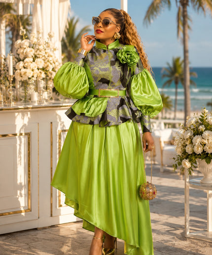 Green Brocade Feathered Peplum High-Low Asymmetric Skirt Set, 2-Piece Outfit Mother of The Bride Wedding Guest Tea Party Birthday Cocktail Reception Formal Evening Wear
