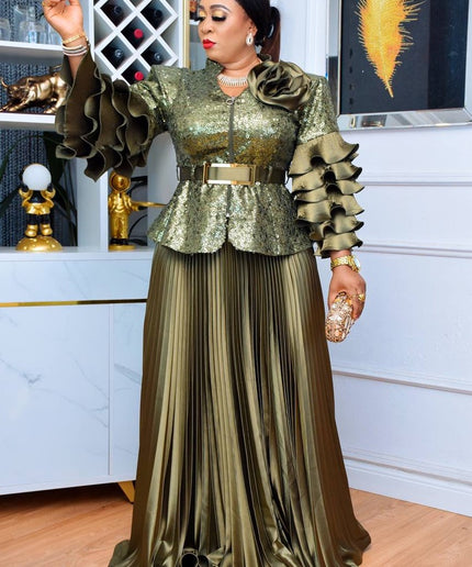 Sequin Ruffle Wedding Guest Outfit Plus Size Mother of The Bride, Peplum Top & Pleated Skirt 2 Piece Matching Set, Curvy Women Fashion