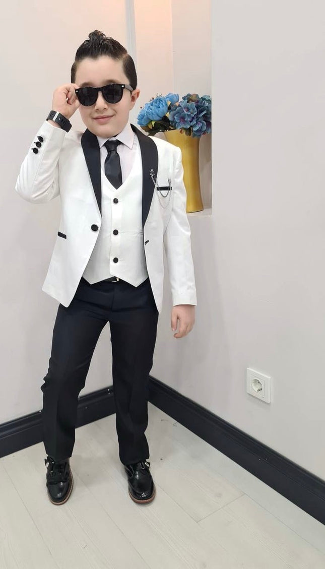 Boys' Tuxedo Suit 6 Piece Jacket Vest Shirt Pants Tie Chain Lapel