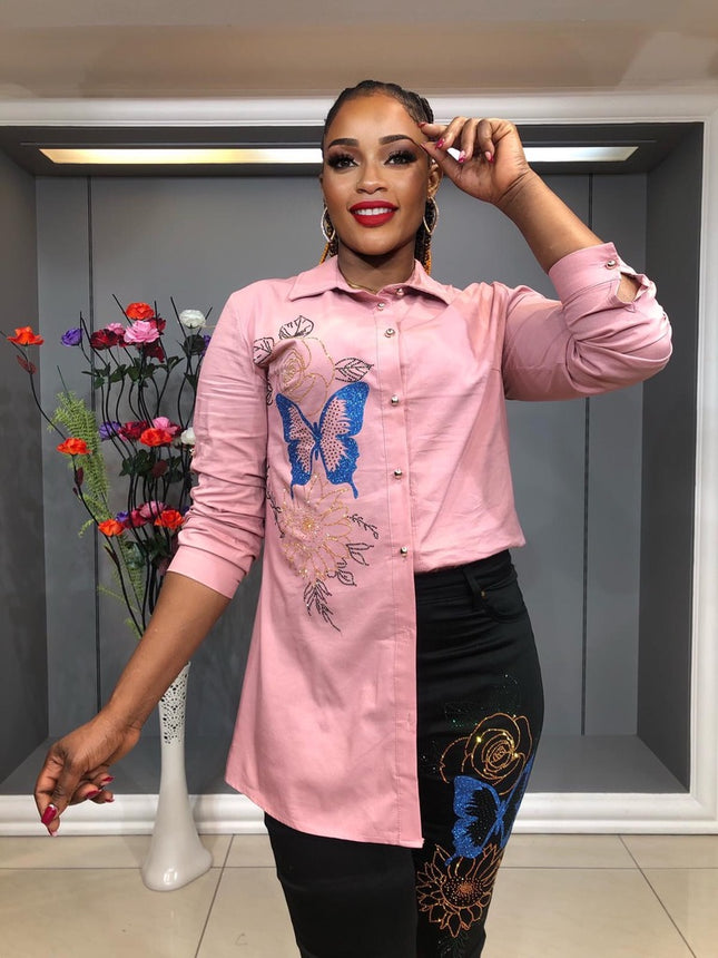 Pink Embellished Stretch 2-Piece Outfit Top & Pants Casual Party Wear