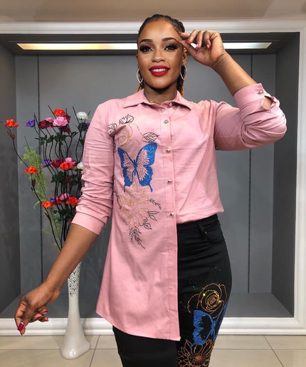 Pink Embellished Stretch 2-Piece Outfit Top & Pants Casual Party Wear