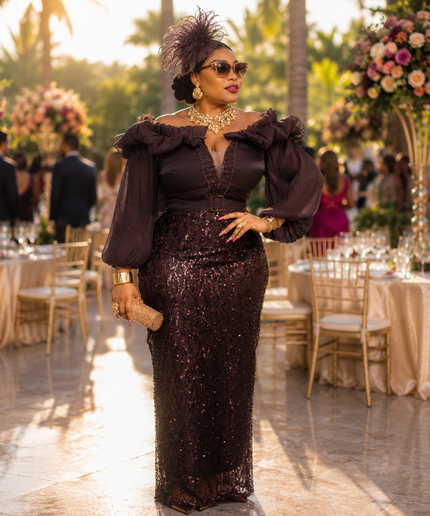 "Can't Stop Staring" Green Off-The-Shoulder Sequin Bishop Sleeve Maxi Dress: Wedding Guest Birthday Party Cocktail Gala Mother of The Bride