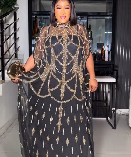 Gold Embellished Kaftan Dress, Nigerian Wedding Guest Dress Beaded African Bubu Mother of The Bride Outfit, One Size