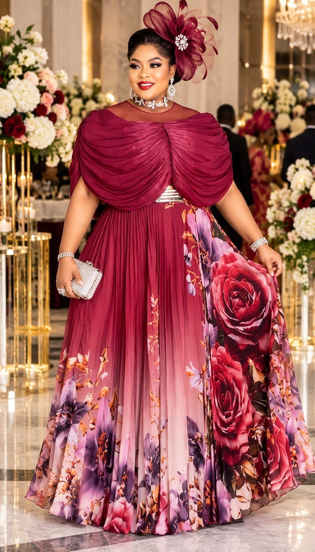 Burgundy Off-The-Shoulder Floral Pleated Maxi Dress for Wedding Guest Mother of The Bride Church Dinner